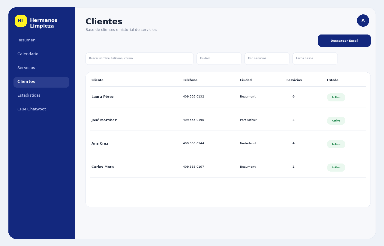 Módulo de clientes con filtros y exportación